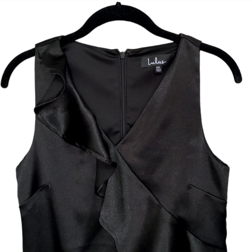 Lulu's Aubrianna Black Satin Mini Sleeveless Zip Back Ruffle Dress Women Size XS - Picture 4 of 8